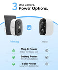 Rugged 2K Wireless Solar Security Camera For Outdoor Home Monitoring Powers Up With A Heavy Duty 5000mAh Battery next to solar panel.