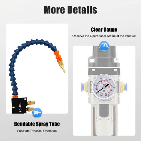 Bendable spray tube and clear gauge for the Heavy Duty Mist Coolant Lubrication Spray Kit For Precision Metalwork Machining.