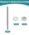 4 Pack M8 x 120mm Fully Threaded Rods In Stainless Steel With Right Hand Threads Includes 8 Nuts And 8 Flat Washers Great For Clamps Hangers And U Bolts Durable 201 Stainless Hardware Kit, rod with nut and washer