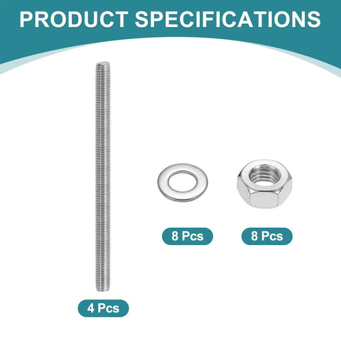 4 Pack M8 x 120mm Fully Threaded Rods In Stainless Steel With Right Hand Threads Includes 8 Nuts And 8 Flat Washers Great For Clamps Hangers And U Bolts Durable 201 Stainless Hardware Kit, rod with nut and washer