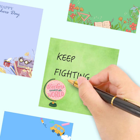 Green note from 9 Pads Cute Sticky Notes Set 3x3 Self Stick Notepads with 'KEEP FIGHTING' handwritten in black ink held by hand