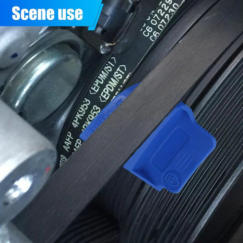 Close-up of blue 2 Piece Stretch Belt Mate Kit Plastic Belt Installer Tool for timing and serpentine belts in use
