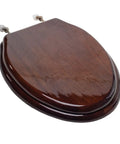Solid Wood Toilet Seat With PVD Brushed Nickel Hinges Elongated Dark Brown Finish Hardwood Construction Piano Gloss Sealant