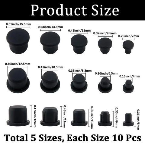 Grab This Awesome Set Of 50 Black Silicone Stopper Plugs In 5 Sizes For Tubes Bottles And Flows To Seal Ends Waterproof With Gorge Craft Quality Rubber Caps Perfect For DIY Projects Or Home Repairs Today, product size chart 4mm to 12.5mm silicone plugs