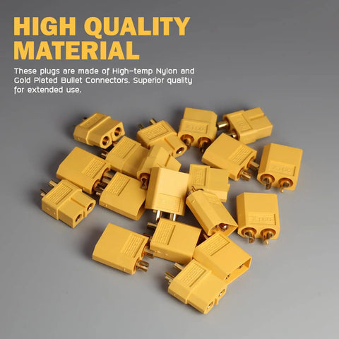 XT60 Connector Set With Heat Shrink Tubing, 5 Pairs, Ten Connectors, Gold Plated, High Temp Nylon Housing, scattered view