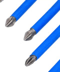 Top Tier PH2 Cross Screwdriver Bits Set 7pcs Magnetic Drill Kit Alloy Steel Size Range For Cars Repairs Motorcycles And Computers Heavy Duty Performance, close-up of blue PH2 bits