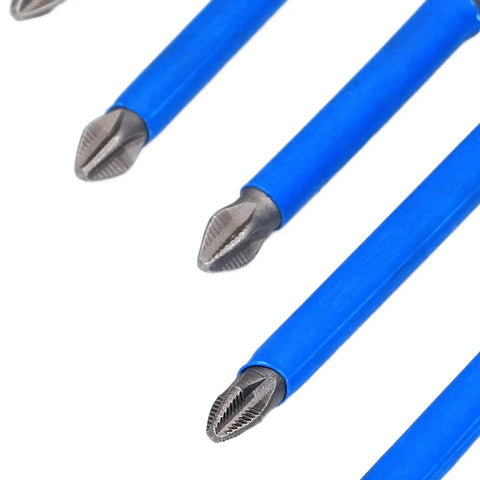 Top Tier PH2 Cross Screwdriver Bits Set 7pcs Magnetic Drill Kit Alloy Steel Size Range For Cars Repairs Motorcycles And Computers Heavy Duty Performance, close-up of blue PH2 bits