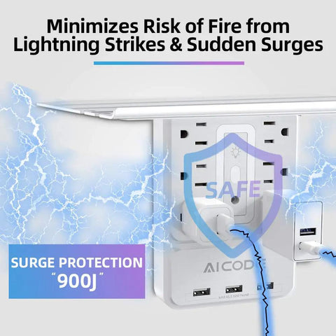 Wall Outlet Shelf With Night Light And 6 AC Outlets, 3 USB Ports, Surge Protector, 9-In-1 Power Hub showing surge protection.