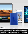T7 Portable SSD 1TB External Solid State Drive shown with laptop, smartphone, and tablet for compatibility