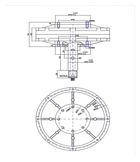 Technical blueprint of an Industrial Grade Coreless Permanent Magnet Generator Motor For Automation, multi voltage input, 300 RPM.