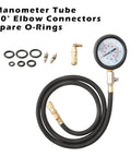 Universal oil pressure tester kit with gauge, hose, connectors, and O-rings for accurate engine diagnostics on cars and motorcycles.