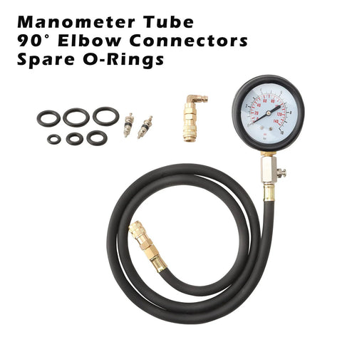 Universal oil pressure tester kit with gauge, hose, connectors, and O-rings for accurate engine diagnostics on cars and motorcycles.