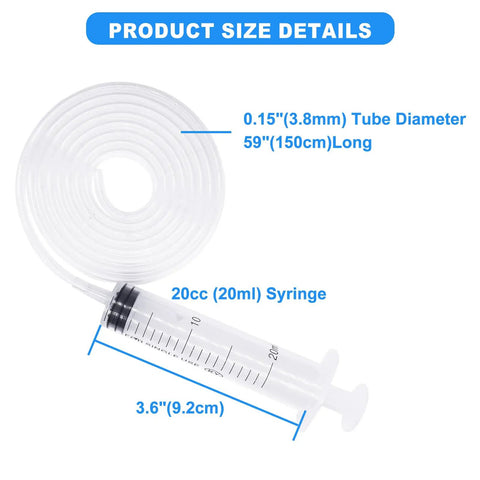 Water Line Defrost Tool For Refrigerator Ice Maker, Quick Defrost Dispenser Line Kit, 60 Inch Small Diameter Hose, shown with syringe, size details displayed