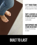 View of feet on 2 Pack Cushioned Kitchen Floor Mats For Comfortable Standing 17x24 And 17x48 Waterproof And Stain Resistant One Half Inch Thick Soft Ergonomic Anti Fatigue Mat With Foam Support For Feet Brown