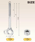 Heavy Duty Half Inch By Six Inch Carbon Steel Eye Bolt With Lifting Ring and nut, side view with dimensions