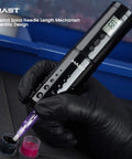 Cordless Tattoo Pen Kit With Rotary Cartridges Dual Batteries Custom Coreless Motor Power Supply High Precision Liner Shading Blend Pro Grade For Tattoo And SMP Smooth Run, black pen in gloved hand