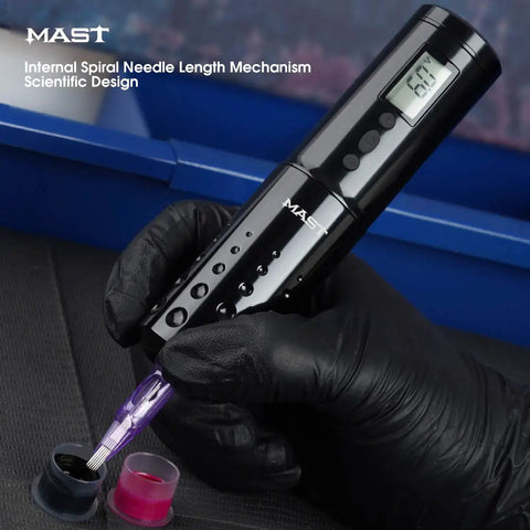 Cordless Tattoo Pen Kit With Rotary Cartridges Dual Batteries Custom Coreless Motor Power Supply High Precision Liner Shading Blend Pro Grade For Tattoo And SMP Smooth Run, black pen in gloved hand