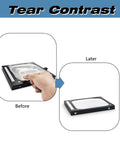 Before and after image showing a tear contrast effect on a rectangular device with a white surface and black edges.