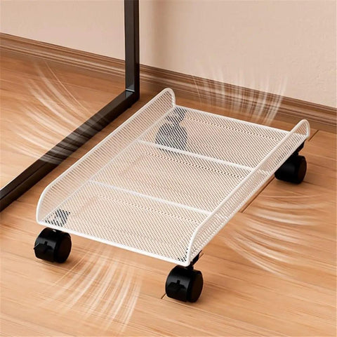 Heavy Duty Black Metal Under Desk Cpu Stand With Smooth Locking Casters, PC tower cart with wheels on a wooden floor.