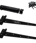 2 Piece Heavy Duty T Strap Hinge And Slide Smooth Barn Door Hardware Kit With Wide Sliding Latch For Courtyard Gates And Fences Matte Black Finish, 16-inch hinges and locking bolt with screws.