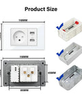Premium White Tempered Glass Wall Socket With Rock Solid Build And Straight Up Hassle Free Install Plus Killer USB Type C Fast Charging For Israel Standard Home Wiring size diagram showcasing dimensions 118mm x 75mm and 85mm x 45mm