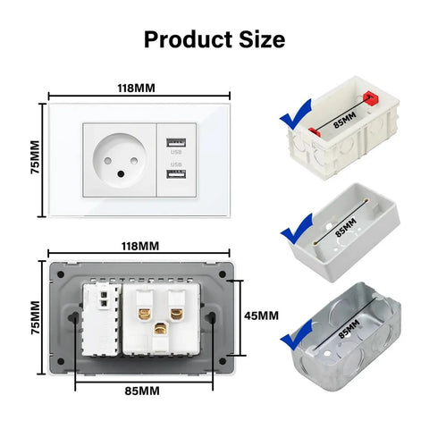 Premium White Tempered Glass Wall Socket With Rock Solid Build And Straight Up Hassle Free Install Plus Killer USB Type C Fast Charging For Israel Standard Home Wiring size diagram showcasing dimensions 118mm x 75mm and 85mm x 45mm