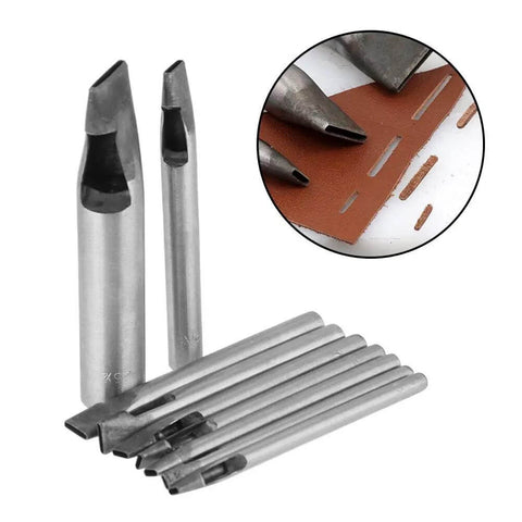 2Mm Leather Oval Hole Punch Kit, 9 Piece Carbon Steel Hollow Punch Set for Leatherwork and Crafts displayed with punched leather example