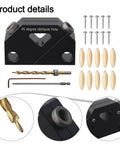 Top Tier 45 Degree Dowel Jig Wood Joinery Tool Aluminum Drill Guide showing angled hole locator, drill bits, and dowel pins.