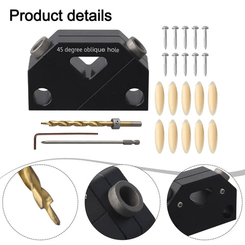 Top Tier 45 Degree Dowel Jig Wood Joinery Tool Aluminum Drill Guide showing angled hole locator, drill bits, and dowel pins.