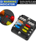 Six Way Fuse Block Panel For 12V And 24V DC Systems With LED Indicator ATC ATO Compatible Fuse Box close-up of LED lights