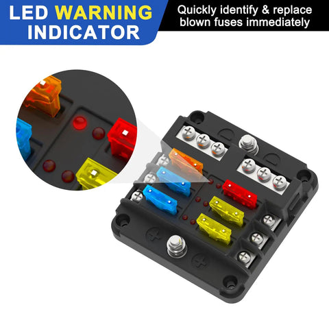 Six Way Fuse Block Panel For 12V And 24V DC Systems With LED Indicator ATC ATO Compatible Fuse Box close-up of LED lights