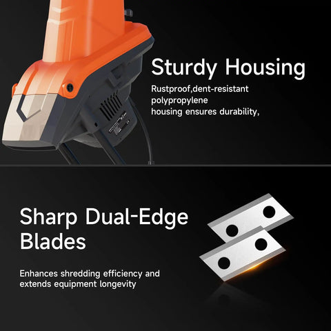 Sturdy housing of Electric Wood Chipper Shredder 1800W Portable Mulcher with dual-edge blades for efficient mulching.
