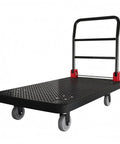 Heavy Duty Folding Flatbed Cart With Perforated Deck, 6-Inch Quiet Wheels And Brakes, Sturdy Hand Truck Trolley For Warehouse, Garage Or Home Use, Red Finish, Foldable Handle For Easy Storage And Smooth Rolling, black perforated deck with red handle