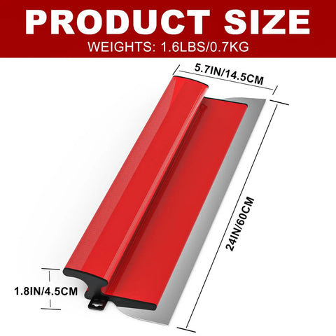 24 Inch Drywall Skimming Blade With Replaceable 0.38mm Stainless Steel Blade, ergonomic grip, product dimensions shown