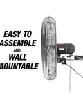 Side view of Beastly 30 Inch Indoor Oscillating Wall Fan With 9500 CFM Max showing wall mount setup and cord placement.