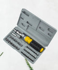 Compact 41 Piece Mini Socket Wrench Set With Quick Change Sockets And Reversible Ratchet For Confined Spaces with yellow ergonomic grip.