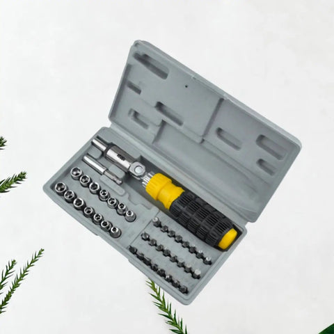 Compact 41 Piece Mini Socket Wrench Set With Quick Change Sockets And Reversible Ratchet For Confined Spaces with yellow ergonomic grip.