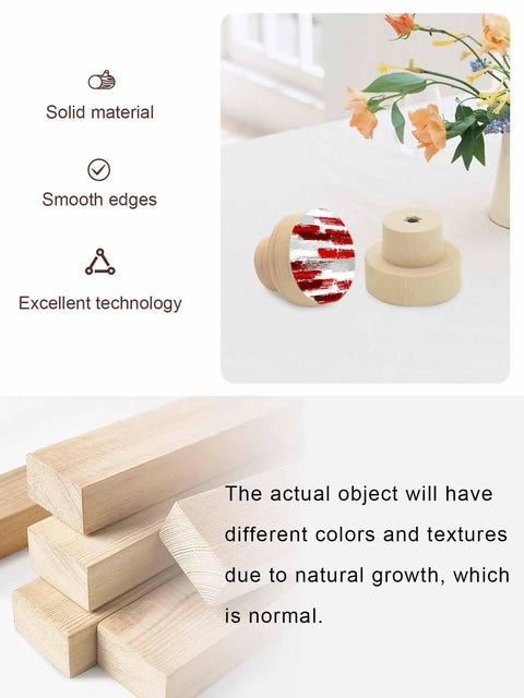 Top Shelf Solid Beech Wood Cabinet Knobs 2 Pack 1.6 Inch Round Grey Red Abstract Art Drawer Pulls Slick Finish on tabletop.