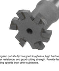 Close-up of heavy duty T slot milling cutter with 20mm cutting diameter and 3mm depth, 12mm shank, tungsten carbide tip, 6 flutes.