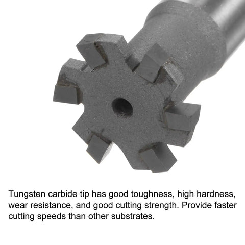 Close-up of heavy duty T slot milling cutter with 20mm cutting diameter and 3mm depth, 12mm shank, tungsten carbide tip, 6 flutes.