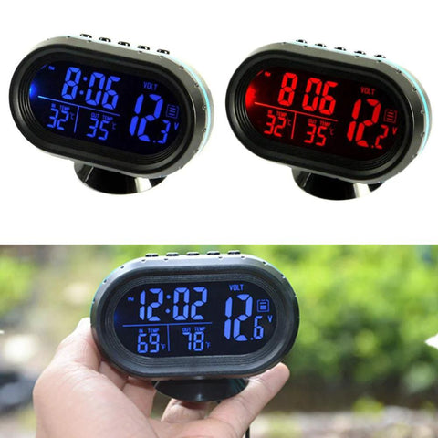 MASO 12-24V car thermometer LCD clock with voltmeter gauge and blue backlight