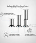 Diagram of stainless steel adjustable furniture legs, highlighting precision leveling, 2x2 inch base, wobble-free design for stability