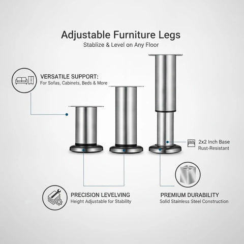 Diagram of stainless steel adjustable furniture legs, highlighting precision leveling, 2x2 inch base, wobble-free design for stability