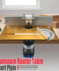 Heavy Duty Aluminum Router Table Insert Plate With Flip Up Lever And Precision Setup Bars For No Sweat Woodworking mounted on table.