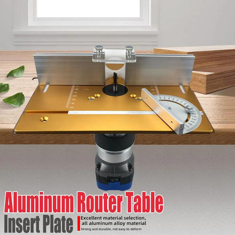 Heavy Duty Aluminum Router Table Insert Plate With Flip Up Lever And Precision Setup Bars For No Sweat Woodworking mounted on table.