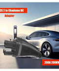 CCS2 To ChadeMo EV Charging Adapter 200A DC Fast Charge Connector shown close-up with a sleek electric car in background.
