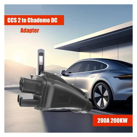 CCS2 To ChadeMo EV Charging Adapter 200A DC Fast Charge Connector shown close-up with a sleek electric car in background.