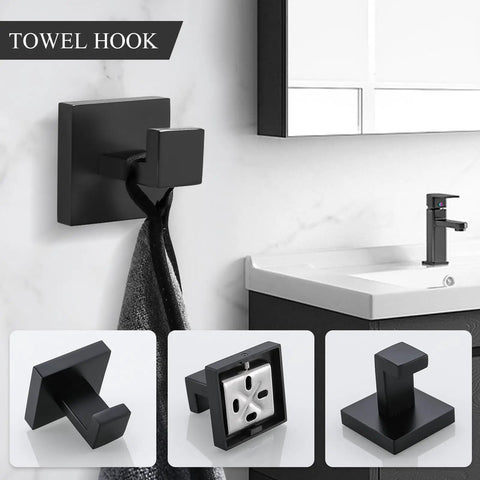 4 Piece Matte Black Bathroom Hardware Set Stainless Steel Towel Hooks Wall Mount Rust Resistant Easy Install