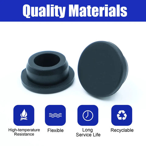 Go To 76 Piece Black Silicone Hole Plugs Set showing round black stopper with text 'Quality Materials' and durability icons
