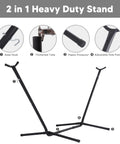 2-In-1 Convertible Backyard Hammock With Stand And Chair, heavy-duty stand showing steel hook, thickened tube, plastic protector.